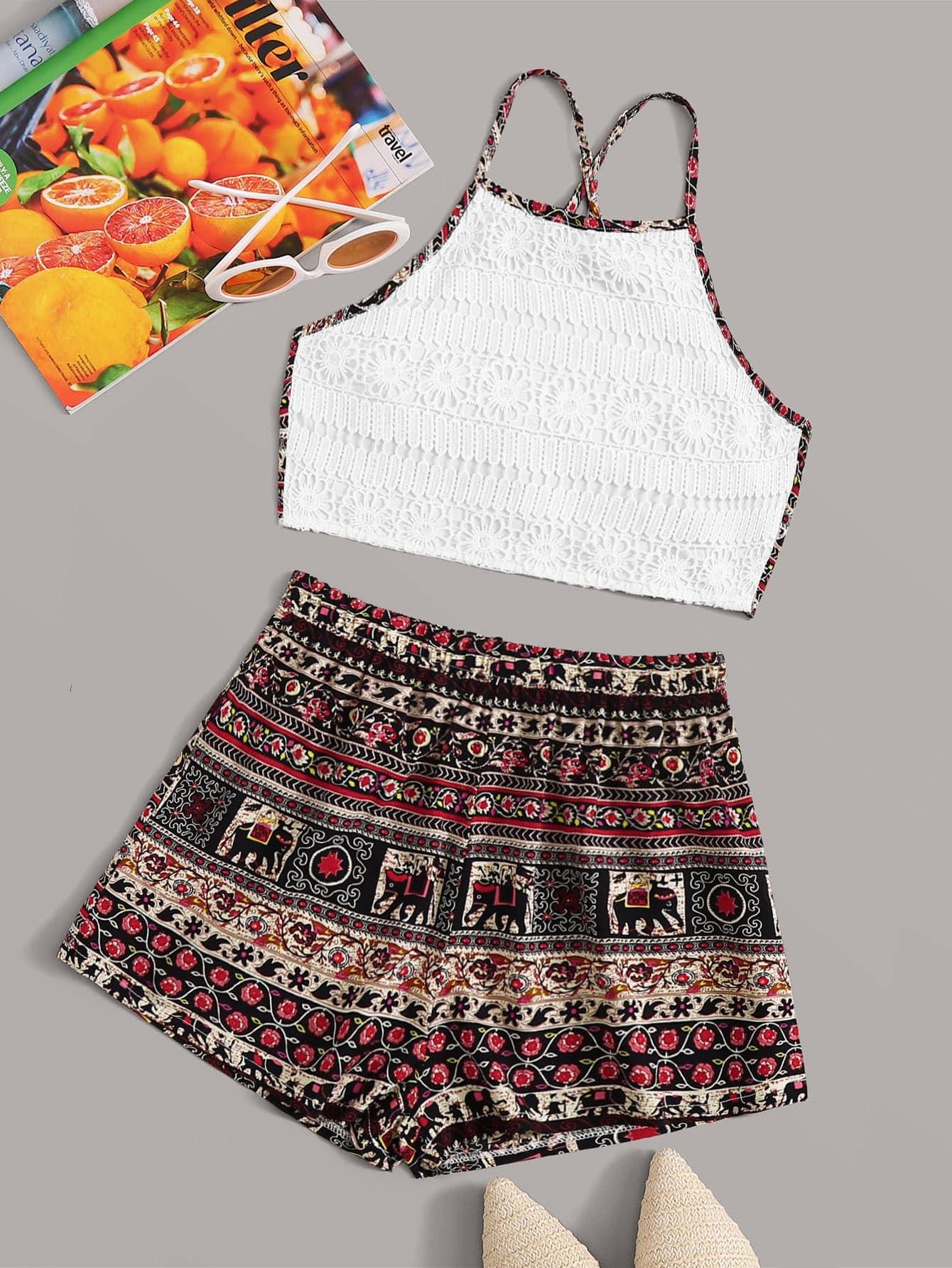 Кружевная майка и шорты с племенным принтом Шорты SheIn