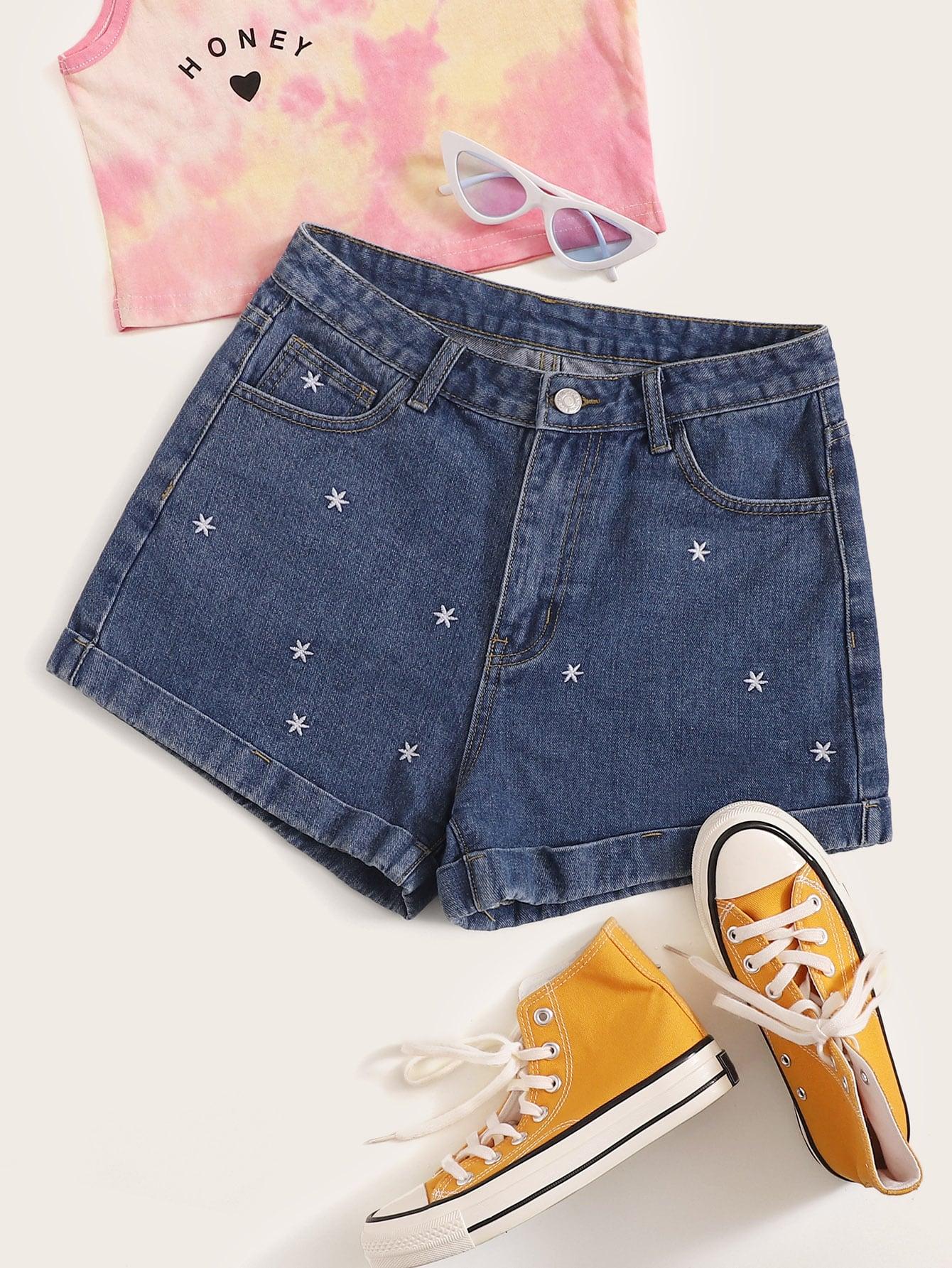 Темно синий с вышивкой Стиль кэжуал Джинсовые шорты Шорты SheIn