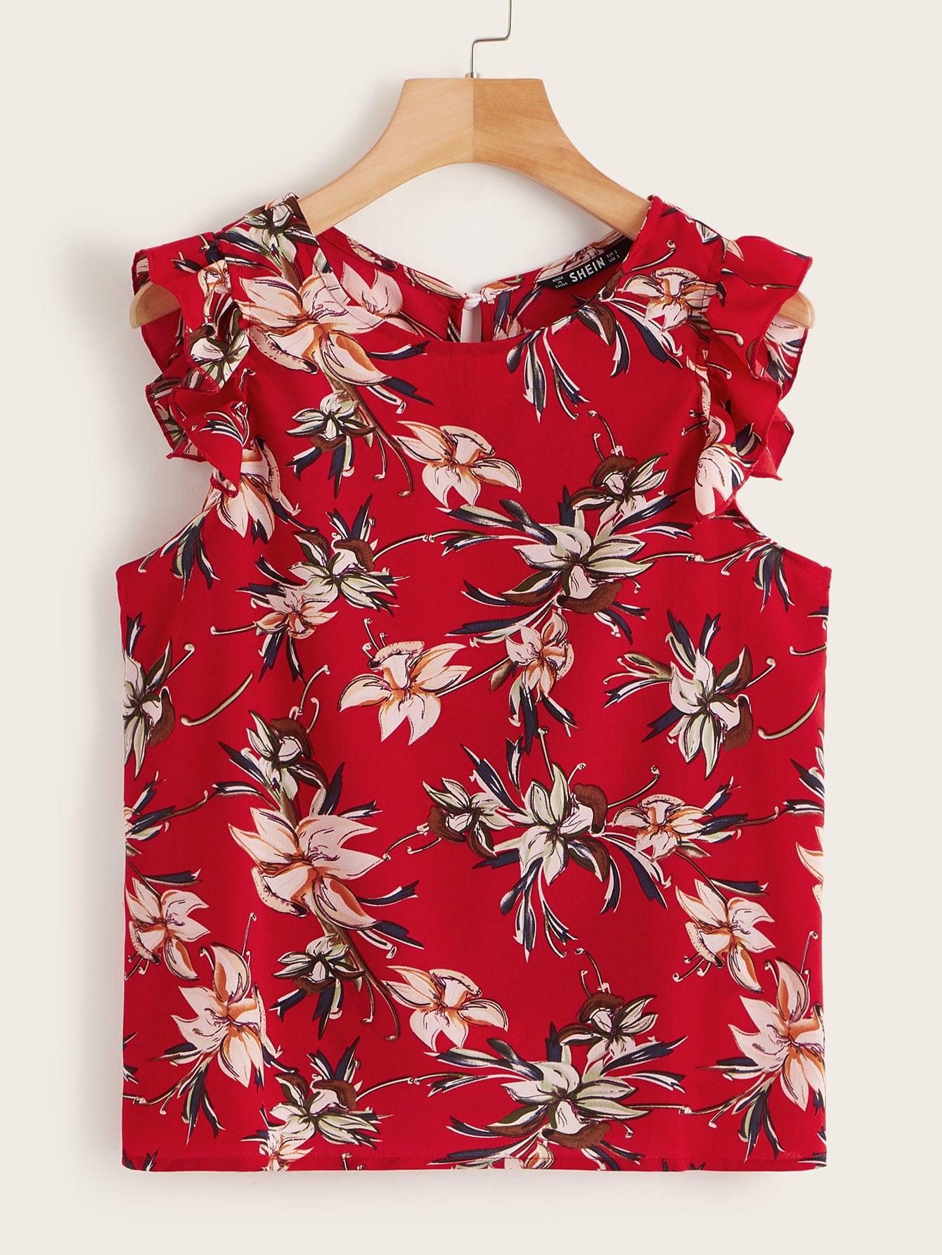 Топ с ботаническим принтом и оборками Топ SheIn