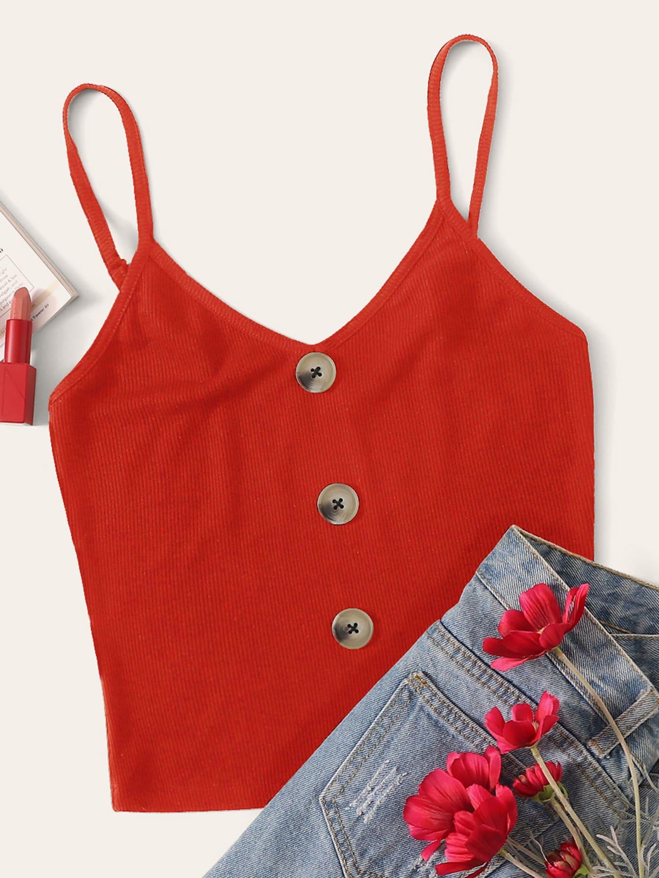 Вязаный ребристый топ на бретелях с пуговицами Топ SheIn