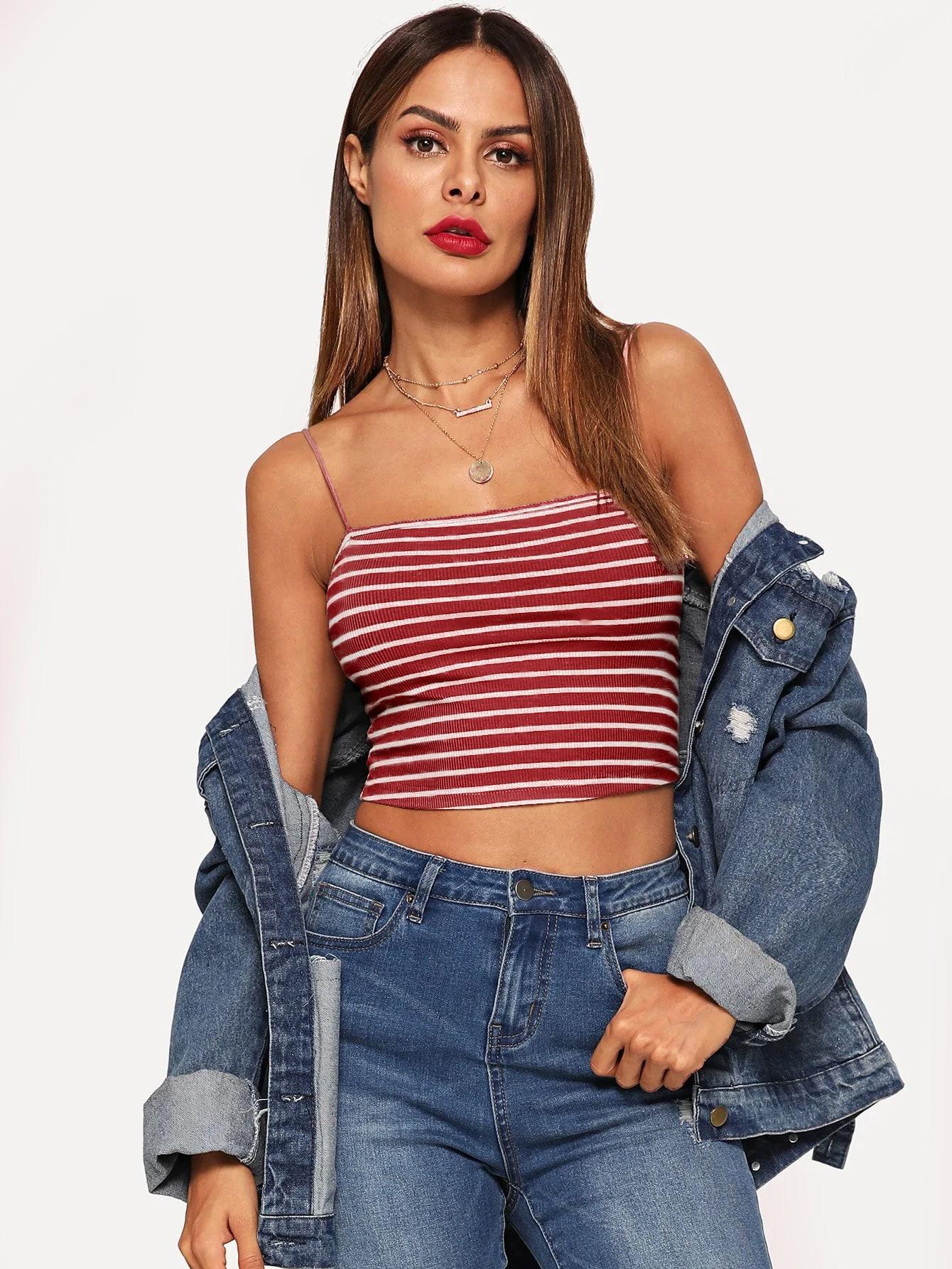 Полосатый вязаный ребристый кроп топ на бретелях Топ SheIn