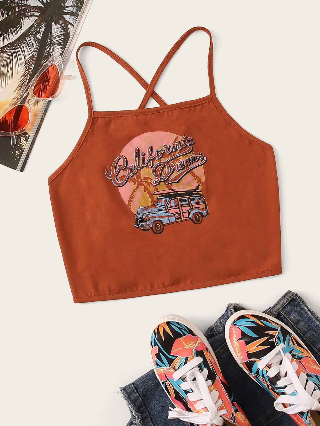 Майка с графическим принтом и узлом сзади Топ SheIn