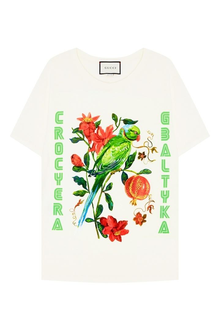Футболка с цветами и попугаем футболка Gucci