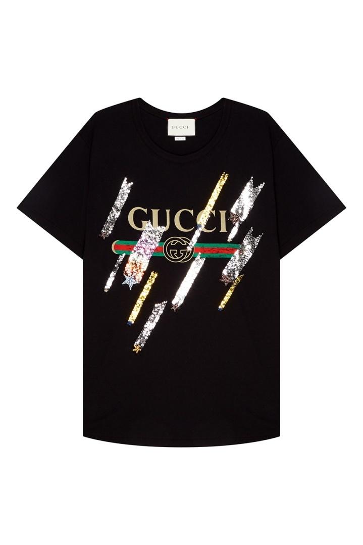 Черная футболка с принтом и пайетками футболка Gucci