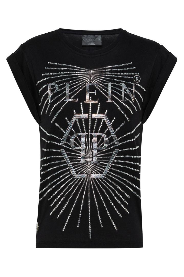Черная футболка с кристаллами и бантом футболка Philipp Plein