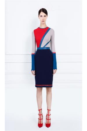 Платье  - синий, бежевый, красный  цвет